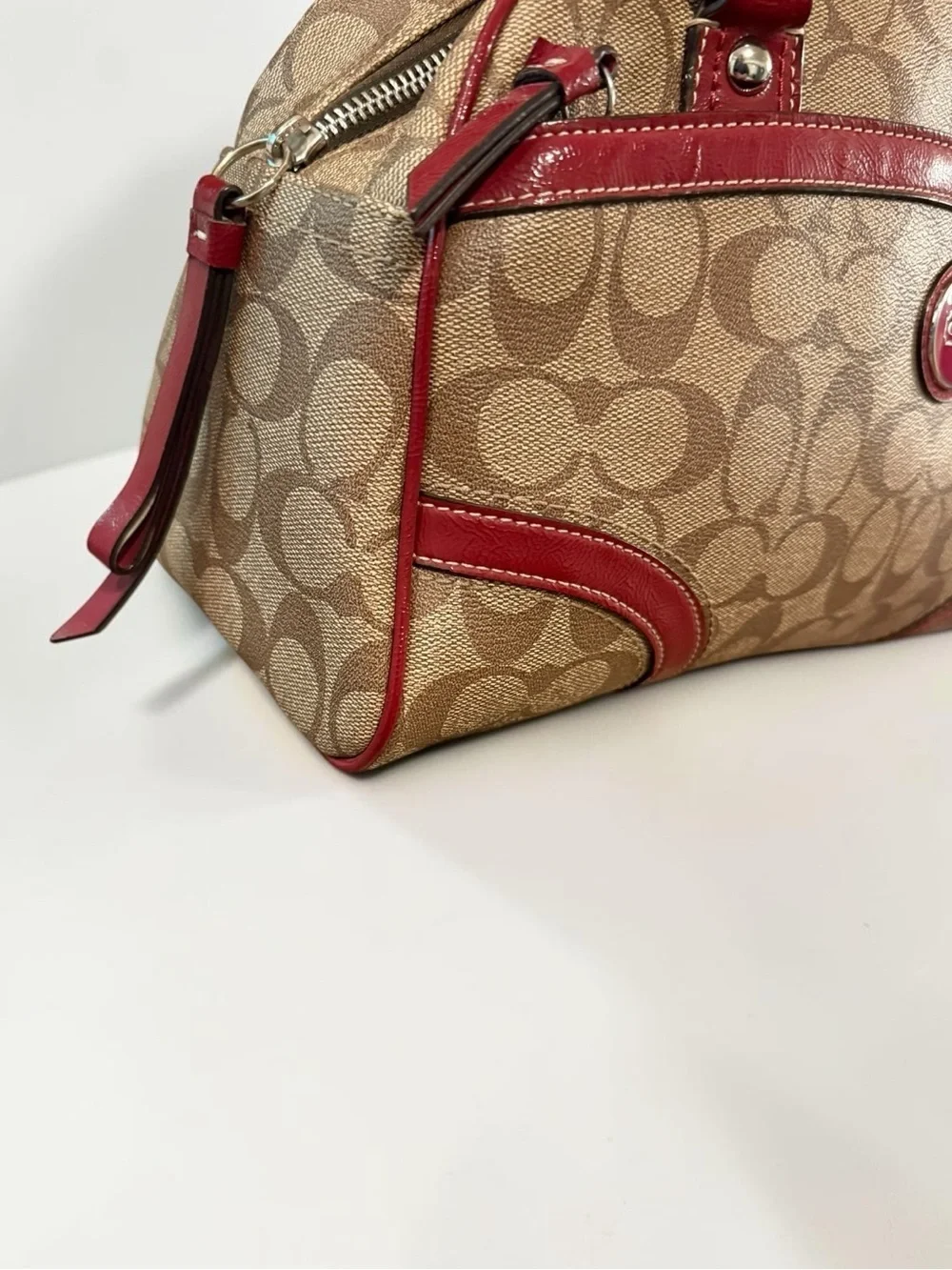 COACH Peyton Signature Satchel Khaki Burgundy Canvas Leather Shoulder Bag F18918